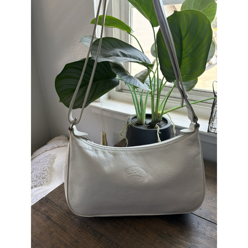 Longchamp Vintage Pebble Leather Baguette Shoulder Bag White Y2K Minimalist